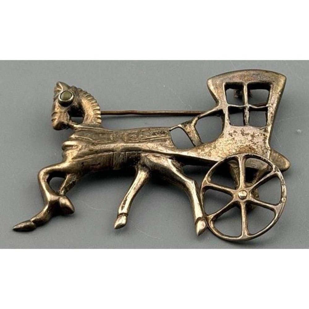 Vintage Brooch 900 Silver Horse Carriage Green Stone Eye Articulating Wheel 2"